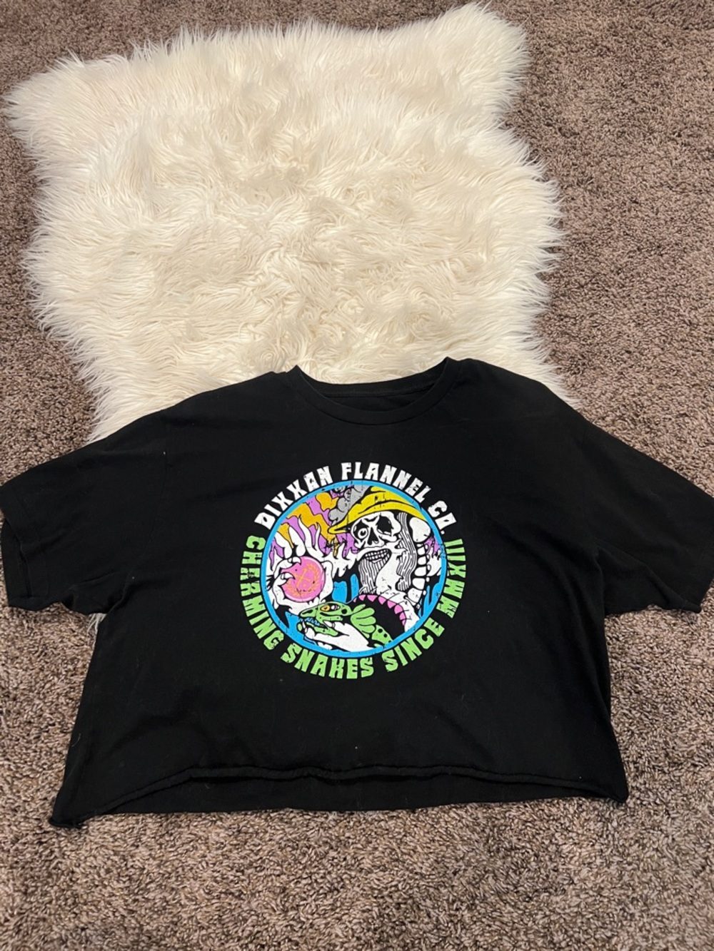 DIXXON Black Cropped Tee with Neon Skull & Snake Graphic